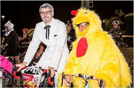 David Lawson and Dinorah in cycling costumes
