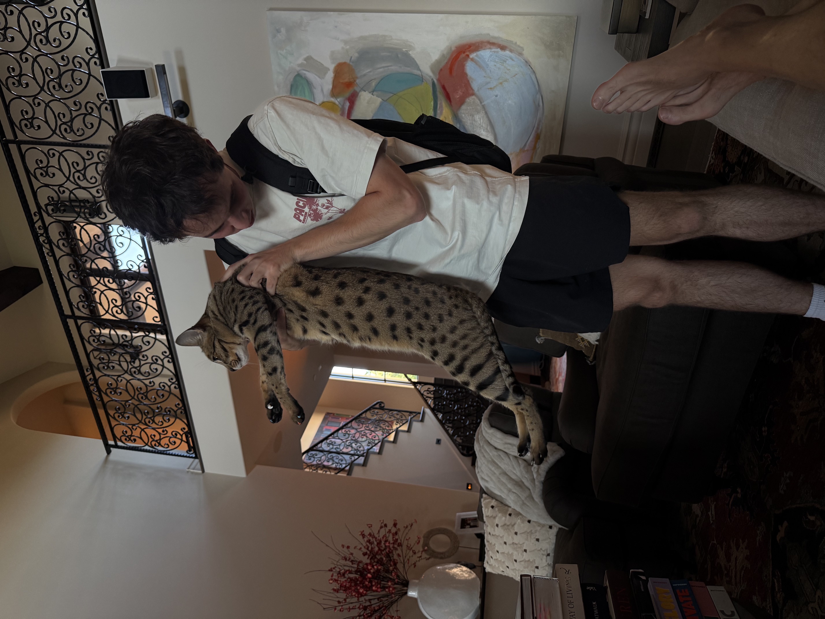John Barrie’s son holding a Savannah cat