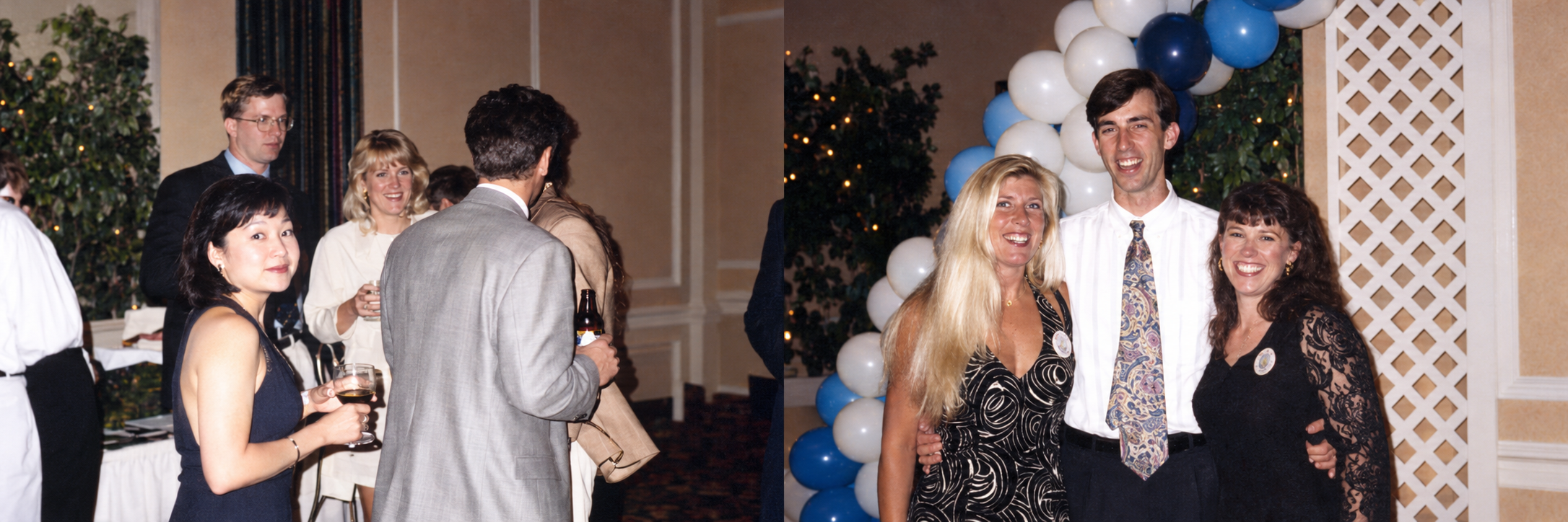 Guests converse while holding drinks at the reunion. Color interpretation.