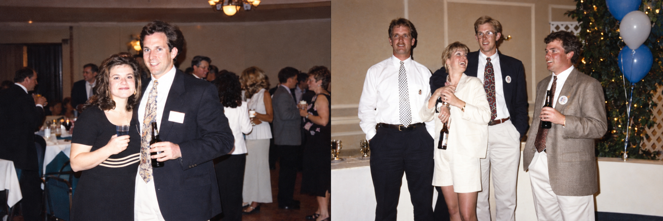 A woman and a man stand together with drinks. Color interpretation.