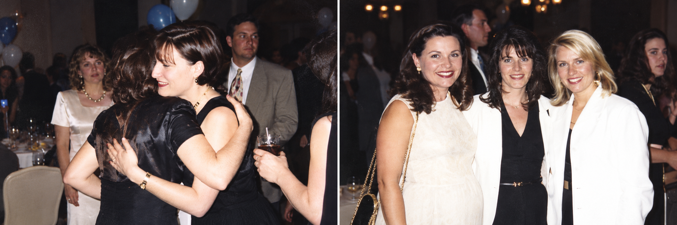 Two women embrace among the reunion guests. Color interpretation.