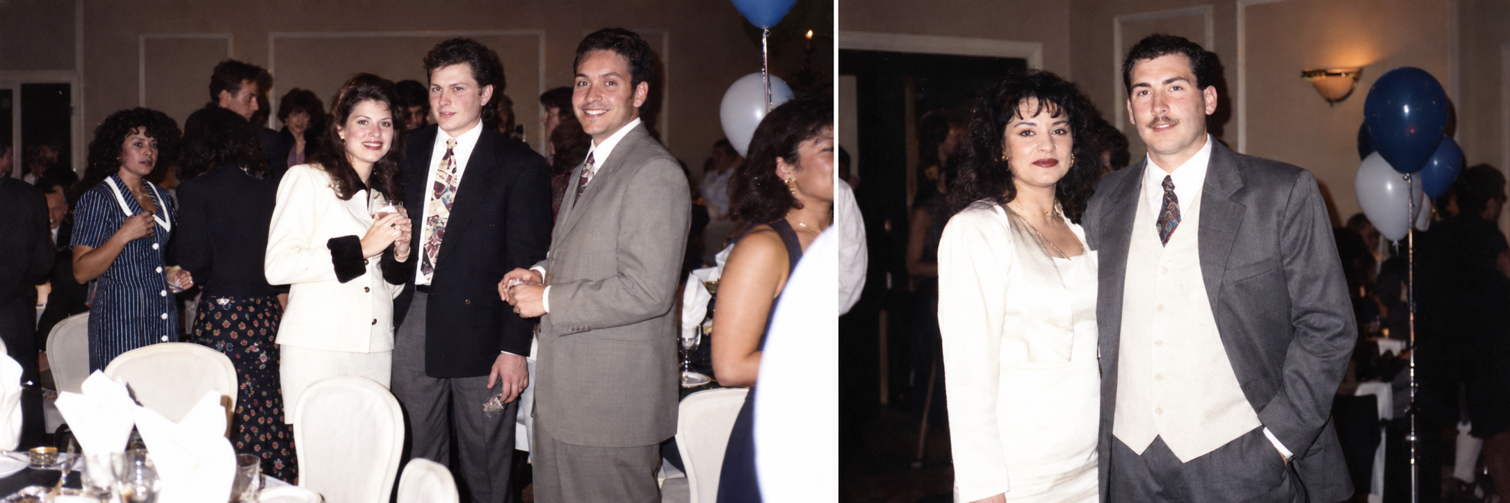 A woman and two men gather beside the banquet tables. Color interpretation.