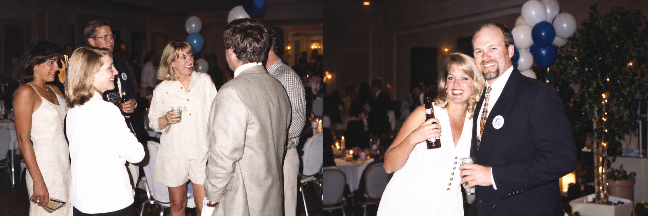 Guests converse in a standing group. Color interpretation.