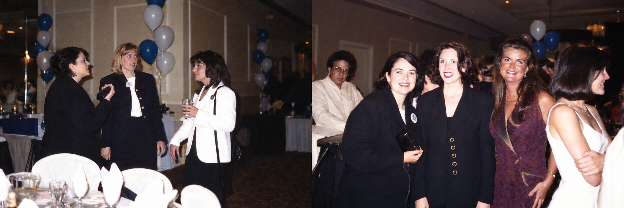 Three women converse beside a banquet table. Color interpretation.