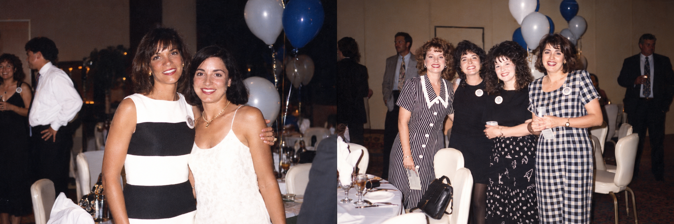 Two women smile together for a photograph. Color interpretation.