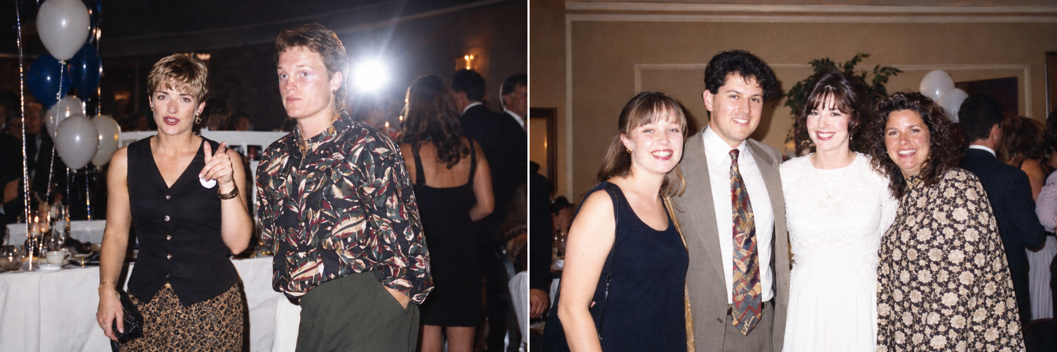 Guests stand together near a bright camera flash. Color interpretation.