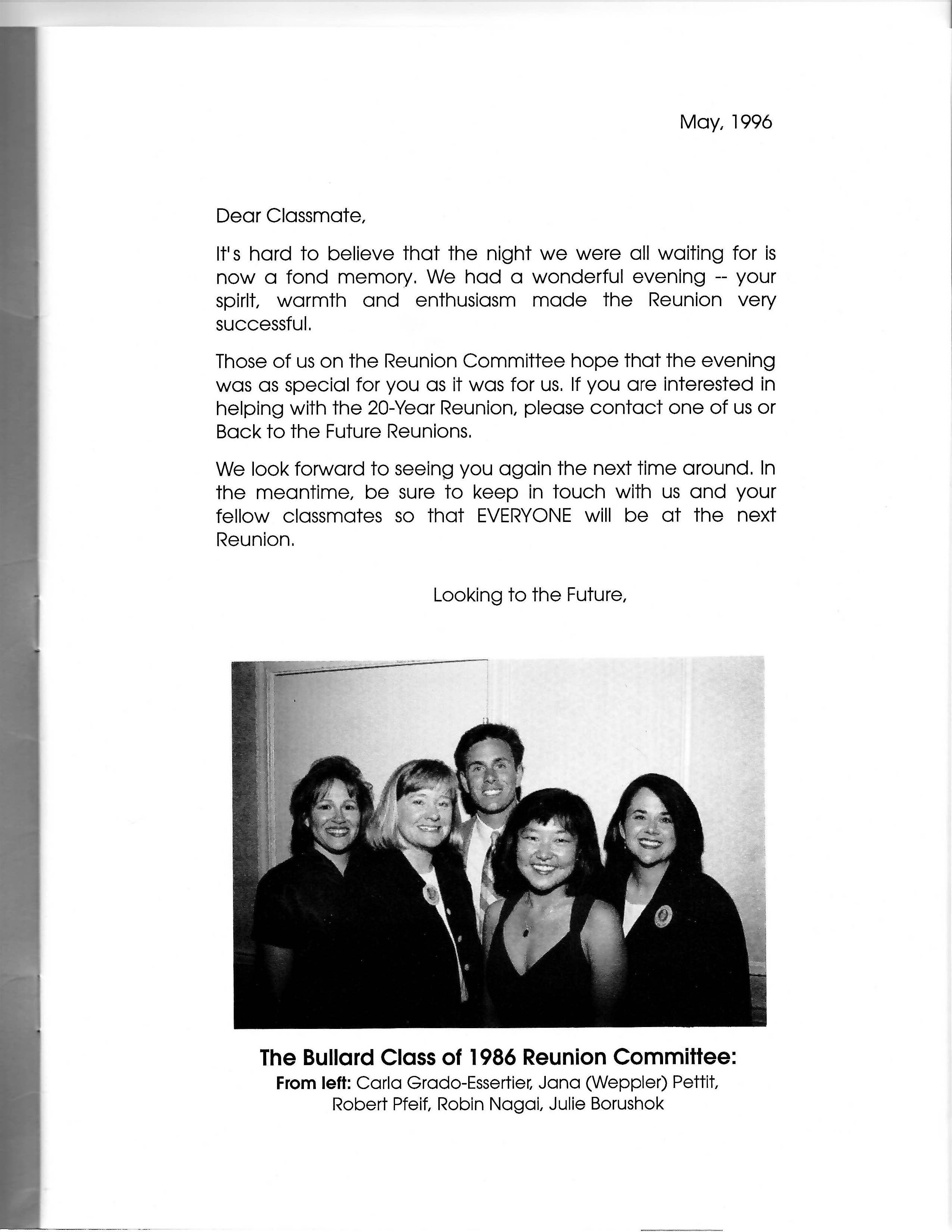 Five members of the Bullard Class of 1986 reunion committee pose together. Original black-and-white scan.