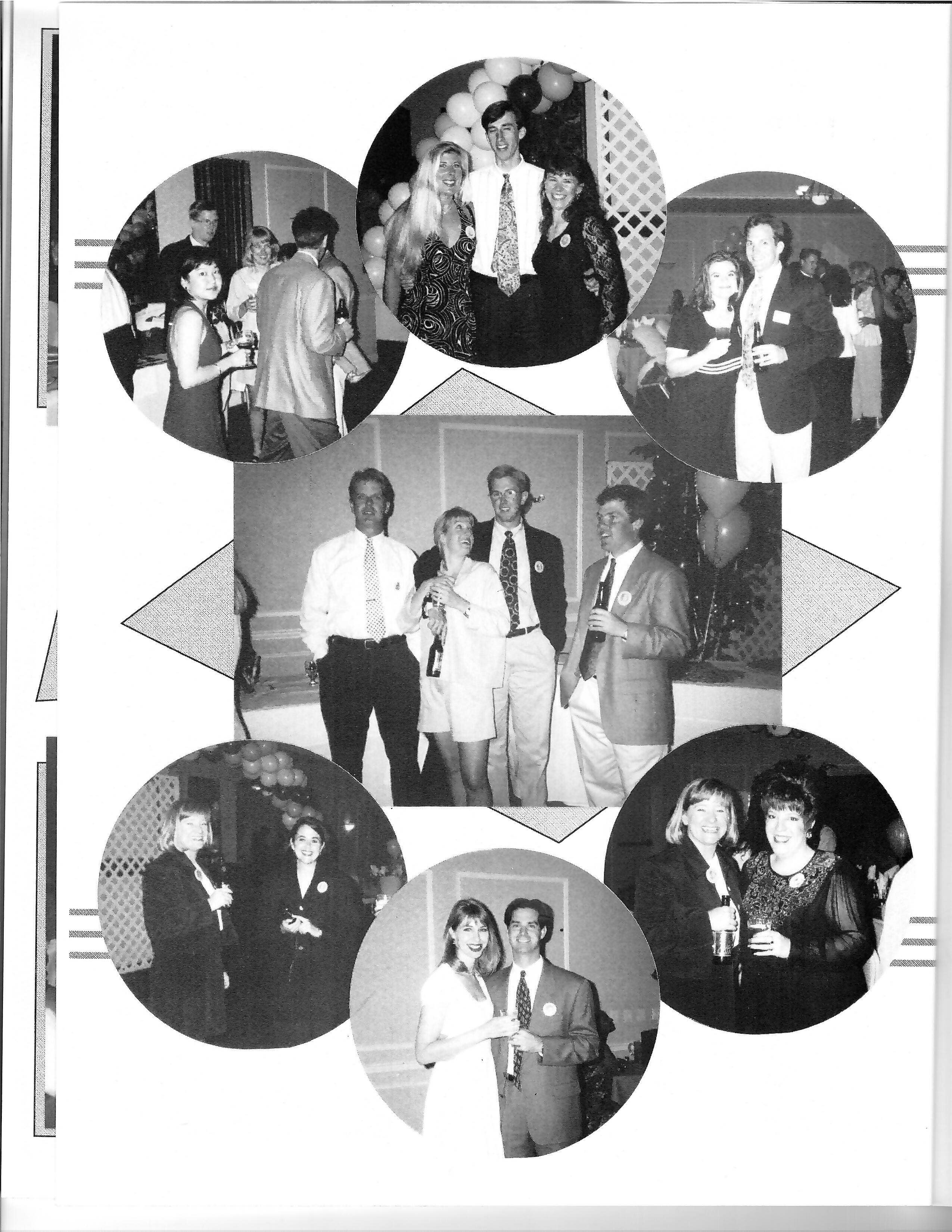 Guests converse while holding drinks at the reunion. Original black-and-white scan.