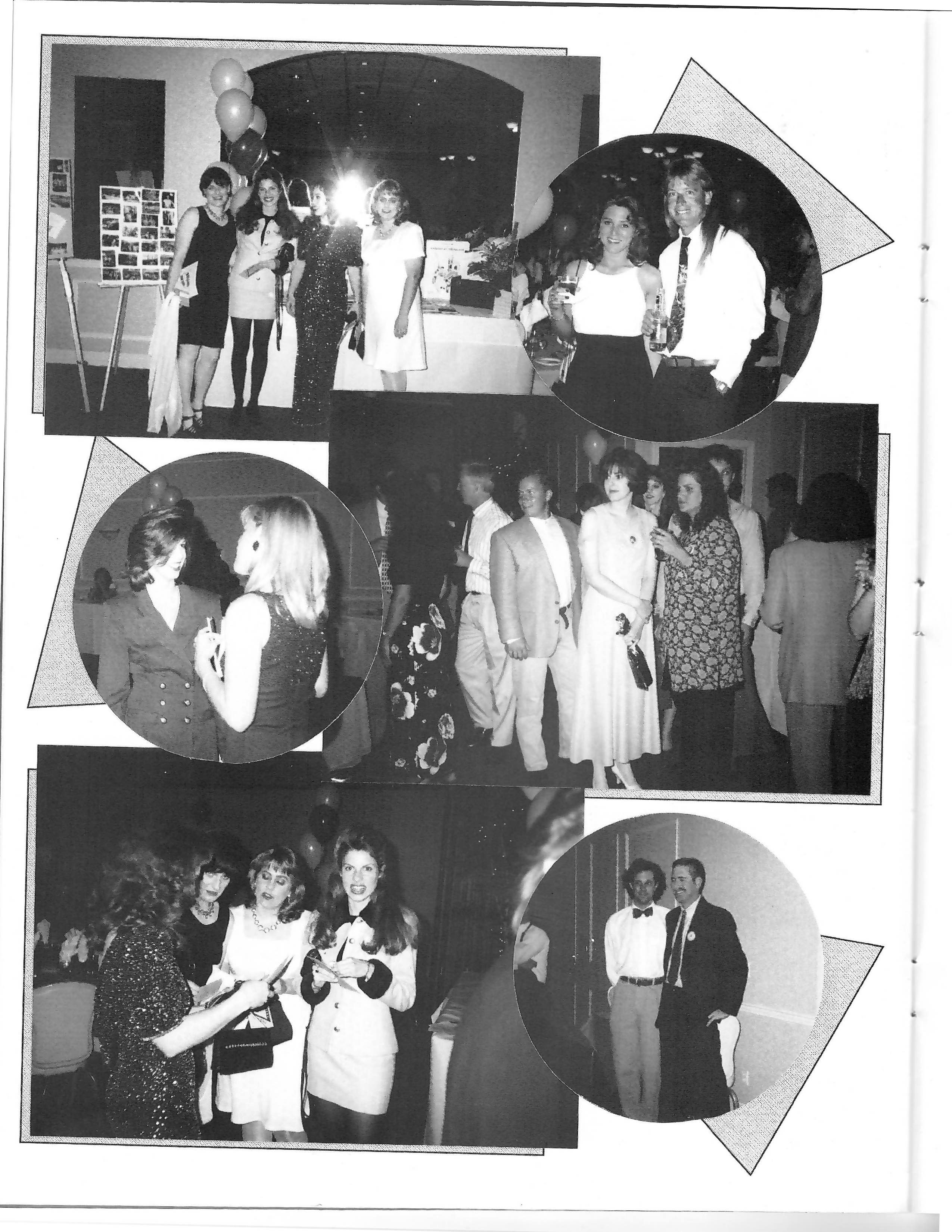 Four women pose beside a portrait display and reception table. Original black-and-white scan.