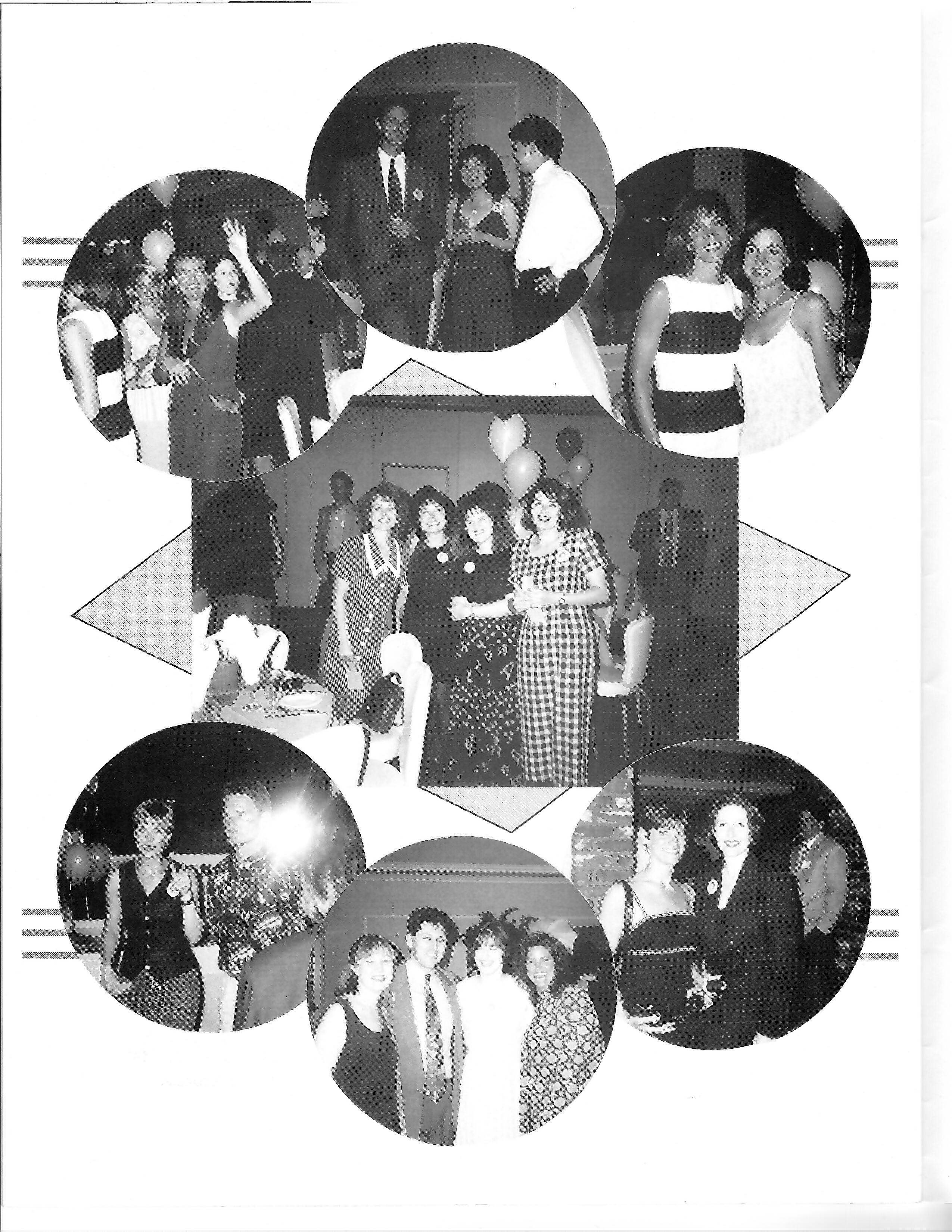 Women celebrate together, one raising her hand. Original black-and-white scan.